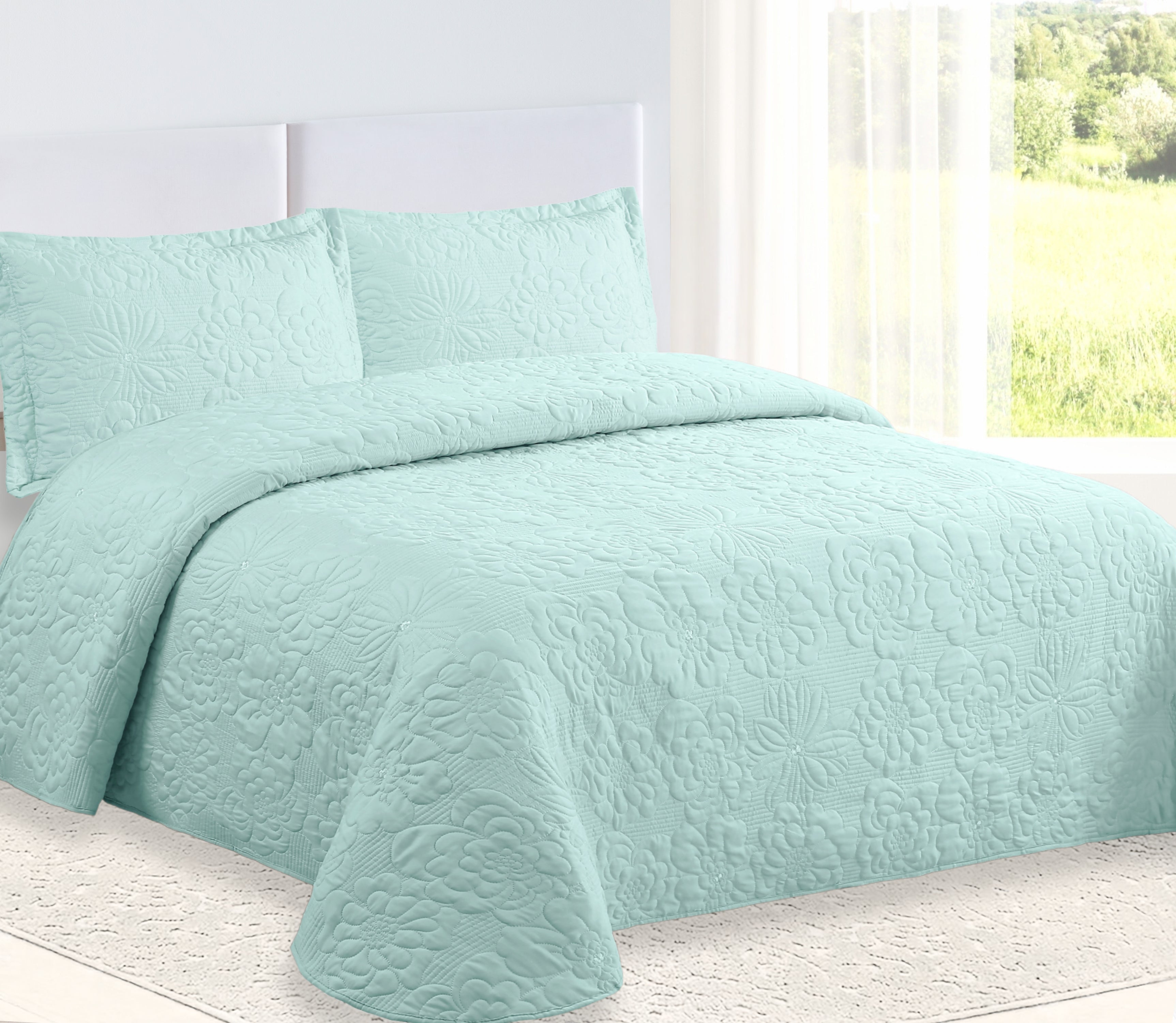 Colcha Bordada Davi Verde Agua